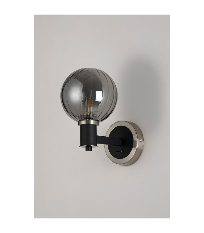 Worcester Wall Light 1 Light E14 Satin Nickel/Satin Black/Smoke Plated Round Segment Glass-9