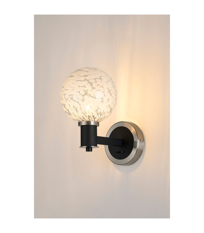 Worcester Wall Light 1 Light E14 Satin Nickel/Satin Black/White Round Speckled Glass-3