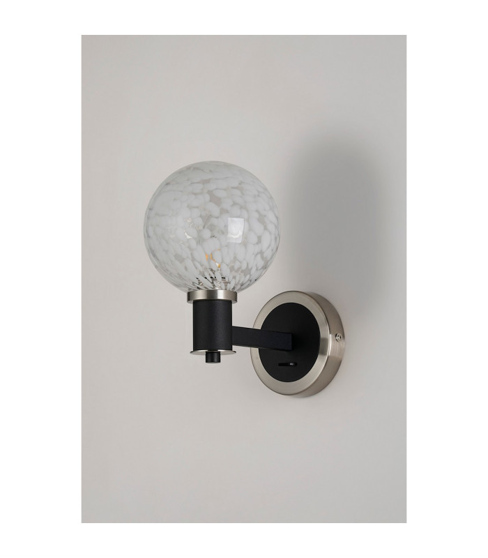 Worcester Wall Light 1 Light E14 Satin Nickel/Satin Black/White Round Speckled Glass-9