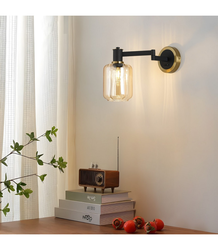 Worcester Adjustable Swing Arm Wall Light 1 Light E14 Brass/Satin Black/Amber Striped Cylinder Glass-4