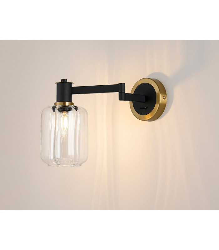 Worcester Adjustable Swing Arm Wall Light 1 Light E14 Brass/Satin Black/Clear Striped Cylinder Glass-3