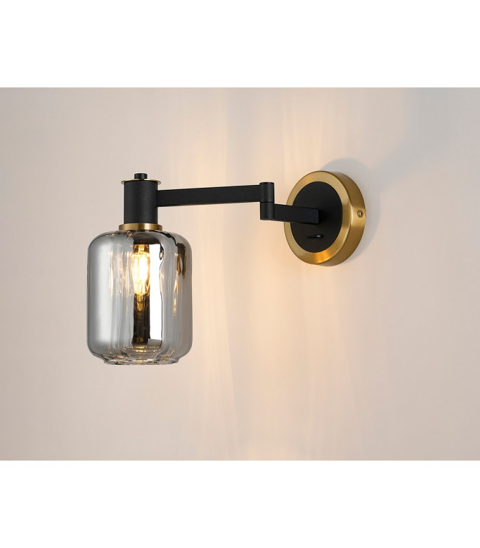 Worcester Adjustable Swing Arm Wall Light 1 Light E14 Brass/Satin Black/Smoke Striped Cylinder Glass-3