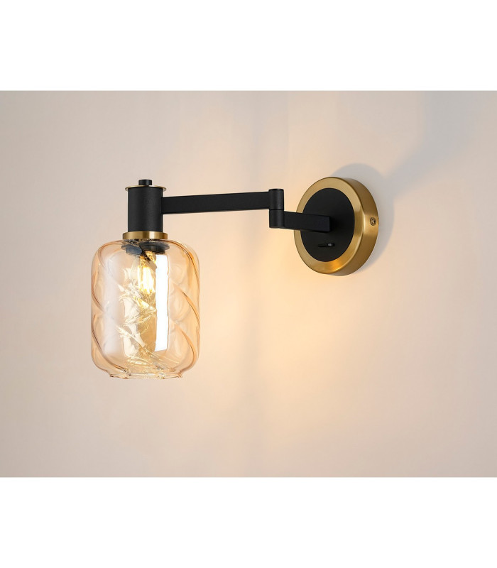 Worcester Adjustable Swing Arm Wall Light 1 Light E14 Brass/Satin Black/Amber Twisted Cylinder Glass-3