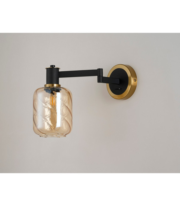 Worcester Adjustable Swing Arm Wall Light 1 Light E14 Brass/Satin Black/Amber Twisted Cylinder Glass-9