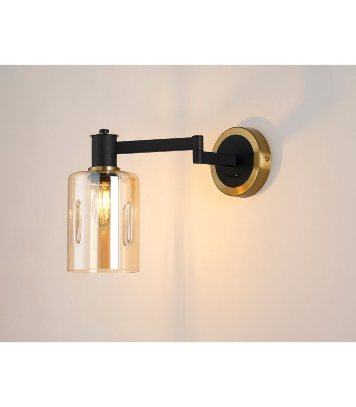 Worcester Adjustable Swing Arm Wall Light 1 Light E14 Brass/Satin Black/Amber Uniform Dimple Cylinder Glass-3