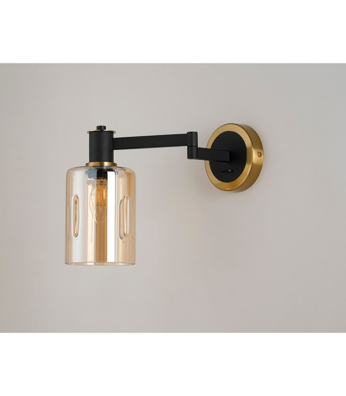 Worcester Adjustable Swing Arm Wall Light 1 Light E14 Brass/Satin Black/Amber Uniform Dimple Cylinder Glass-9