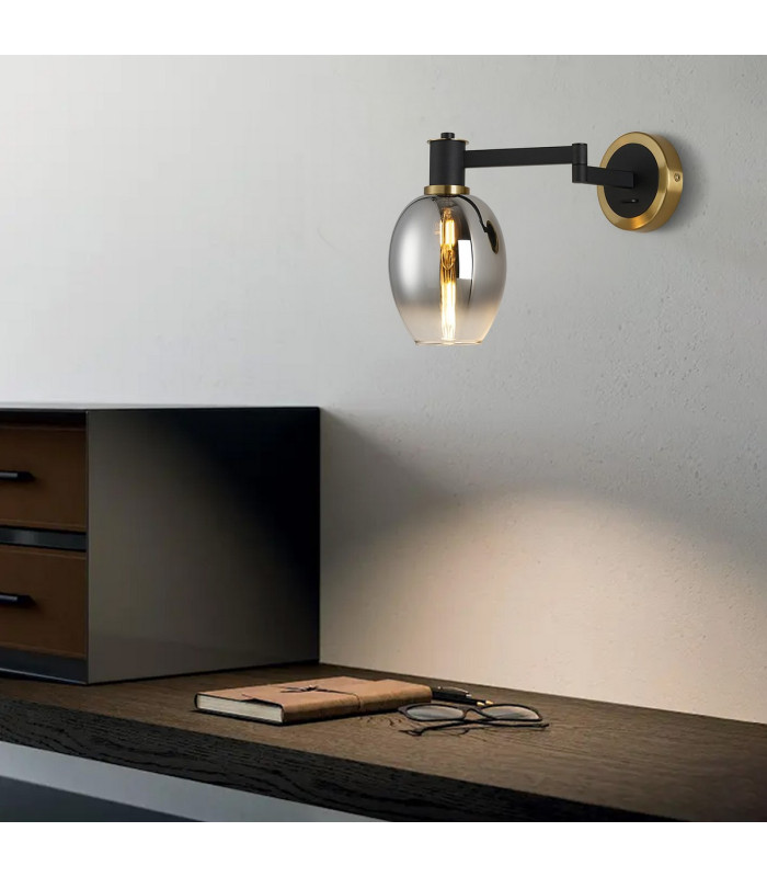 Worcester Adjustable Swing Arm Wall Light 1 Light E14 Brass/Satin Black/Smoke Fade Wine Glass Glass-4