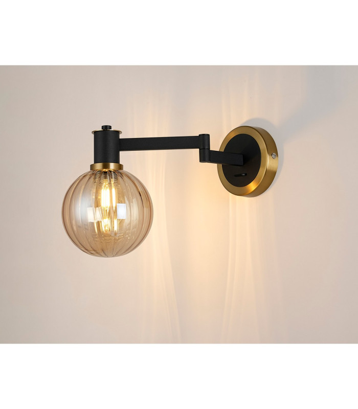 Worcester Adjustable Swing Arm Wall Light 1 Light E14 Brass/Satin Black/Amber Plated Round Segment Glass-3