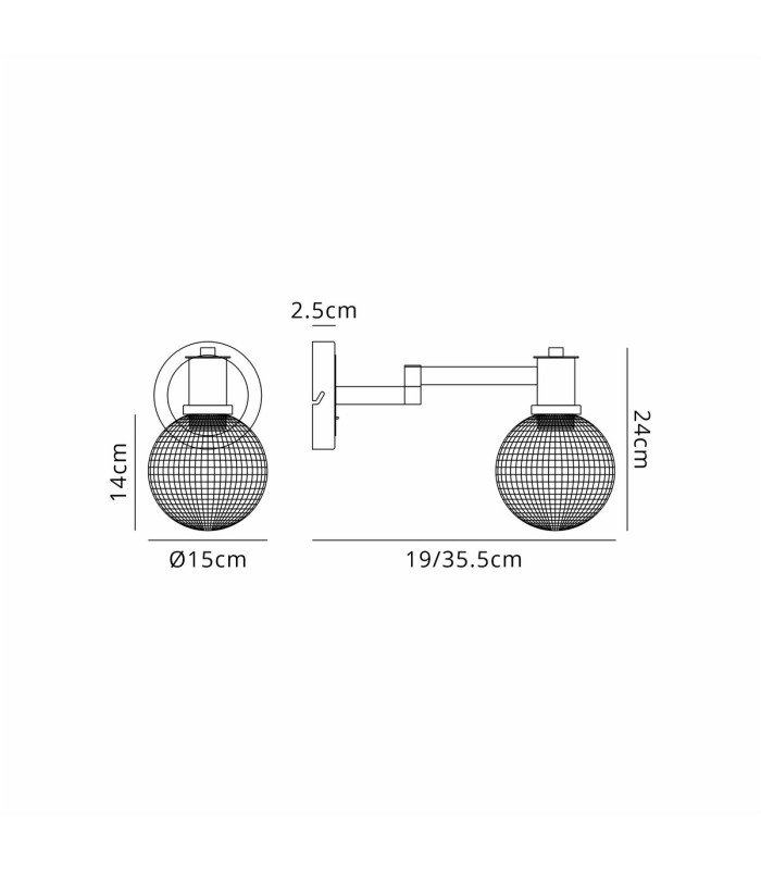 Worcester Adjustable Swing Arm Wall Light 1 Light E14 Brass/Satin Black/Clear Round Textured Diamond Pattern Glass-2