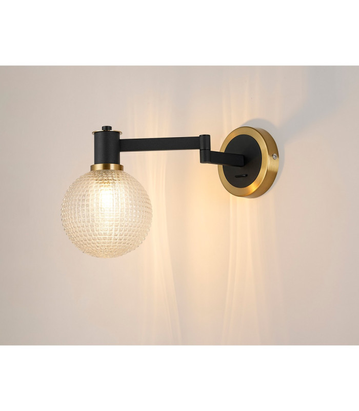 Worcester Adjustable Swing Arm Wall Light 1 Light E14 Brass/Satin Black/Clear Round Textured Diamond Pattern Glass-3