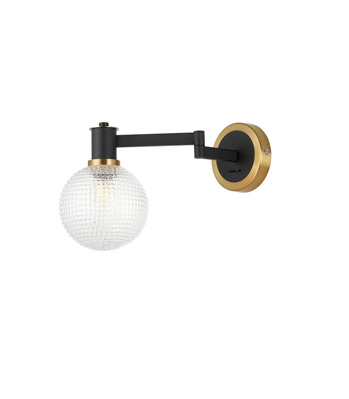 Worcester Adjustable Swing Arm Wall Light 1 Light E14 Brass/Satin Black/Clear Round Textured Diamond Pattern Glass-4