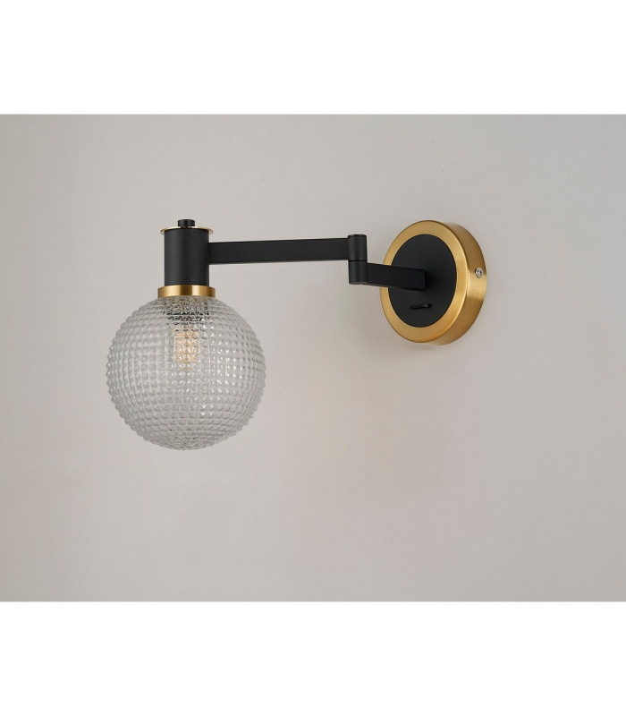 Worcester Adjustable Swing Arm Wall Light 1 Light E14 Brass/Satin Black/Clear Round Textured Diamond Pattern Glass-9
