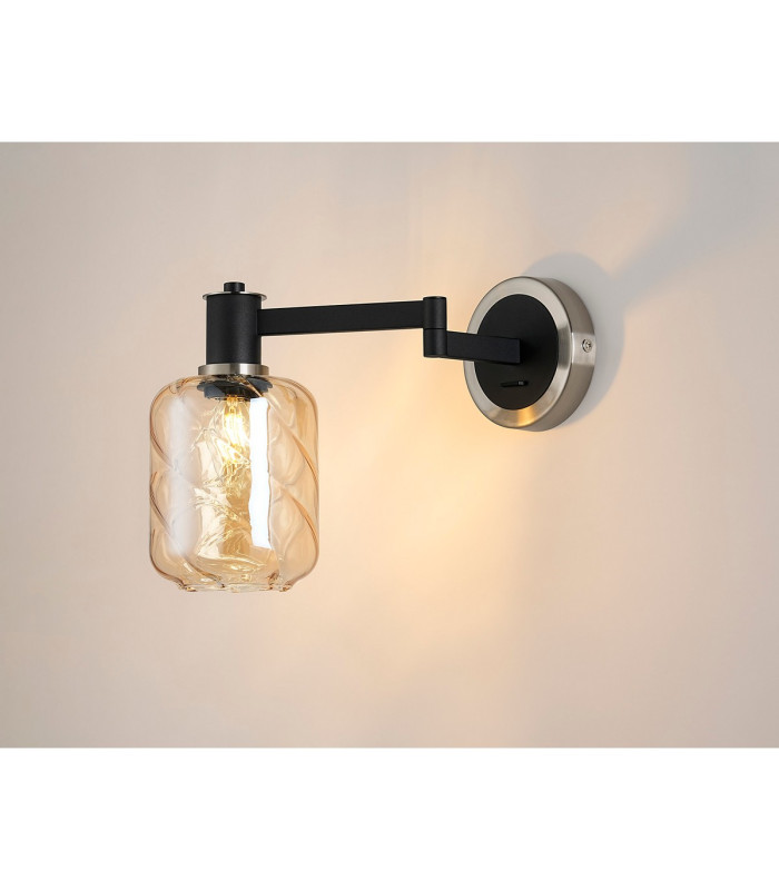 Worcester Adjustable Swing Arm Wall Light 1 Light E14 Satin Nickel/Satin Black/Amber Twisted Cylinder Glass-3