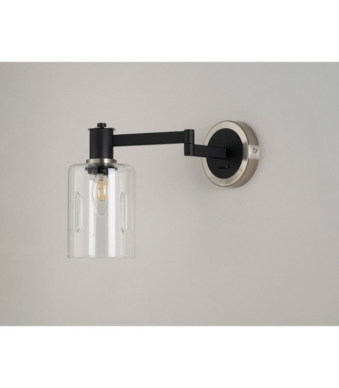 Worcester Adjustable Swing Arm Wall Light 1 Light E14 Satin Nickel/Satin Black/Clear Uniform Dimple Cylinder Glass-9