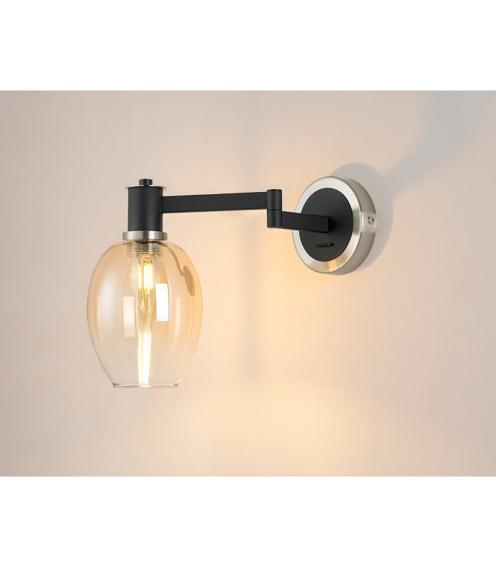 Worcester Adjustable Swing Arm Wall Light 1 Light E14 Satin Nickel/Satin Black/Amber Fade Wine Glass Glass-3