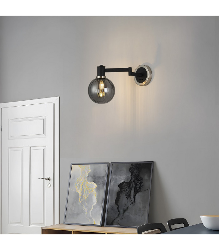 Worcester Adjustable Swing Arm Wall Light 1 Light E14 Satin Nickel/Satin Black/Smoke Plated Round Segment Glass-4
