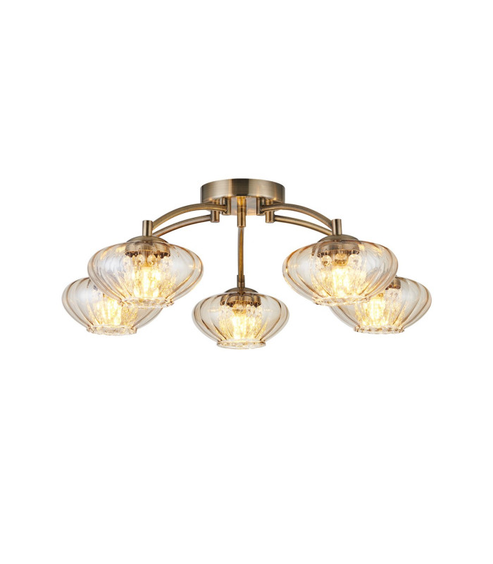 Bayside 55.5cm Flush Ceiling Light 5 Light G9 Antique Brass/Cognac Glass/Clear Crystal-1