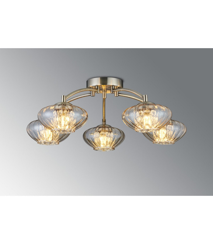 Bayside 55.5cm Flush Ceiling Light 5 Light G9 Antique Brass/Cognac Glass/Clear Crystal-3