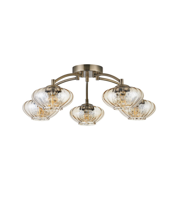 Bayside 55.5cm Flush Ceiling Light 5 Light G9 Antique Brass/Cognac Glass/Clear Crystal-4