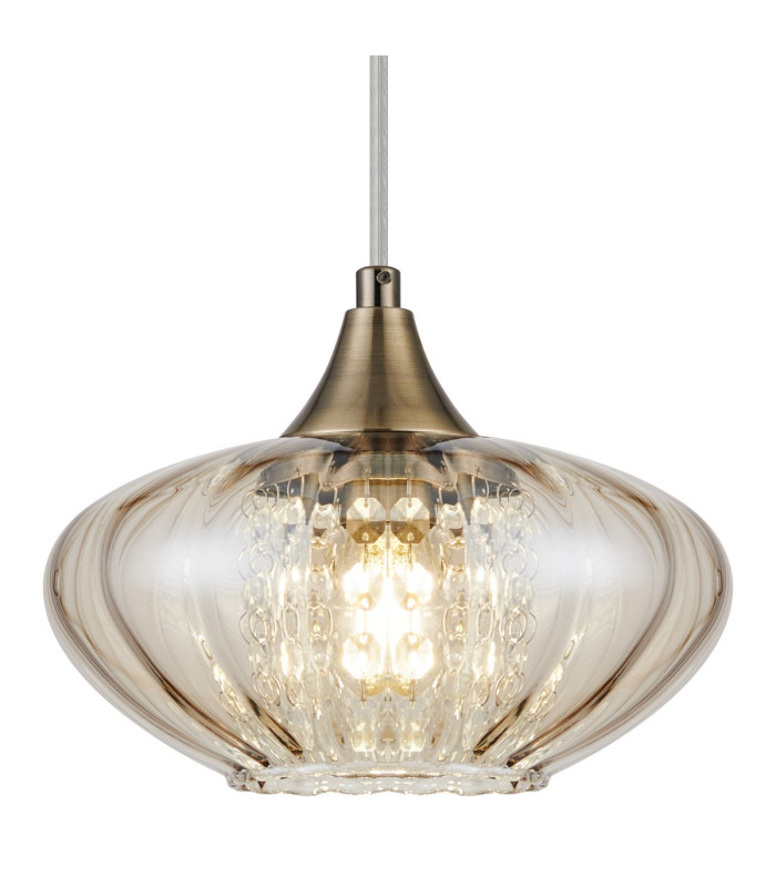 Bayside 20cm Pendant 1 Light E14 Antique Brass/Cognac Glass/Clear Crystal-6