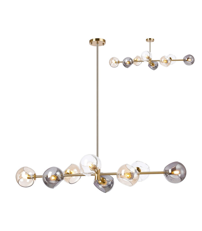 Maspeth Linear Fixed Multi Height Pendant/Semi Flush Double Cut Glass 8 x E14 Antique Gold/Cognac/Clear/Smoke-1