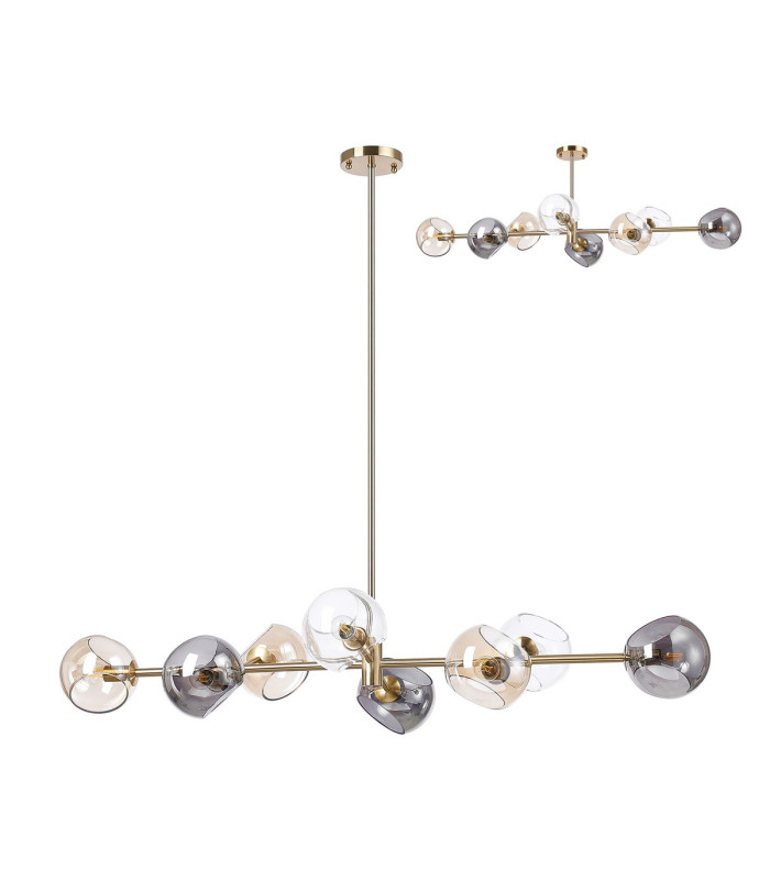 Maspeth Linear Fixed Multi Height Pendant/Semi Flush Double Cut Glass 8 x E14 Antique Gold/Cognac/Clear/Smoke-4