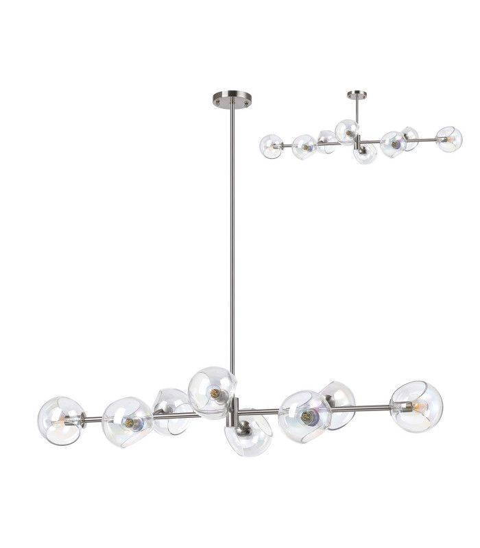 Maspeth Linear Fixed Multi Height Pendant/Semi Flush Double Cut Glass 8 x E14 Satin Nickel/Iridescent-4