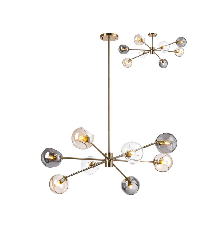 Maspeth 100cm Round Fixed Multi Height Pendant/Semi Flush Double Cut Glass 8 x E14 Antique Gold/Cognac/Clear/Smoke-1