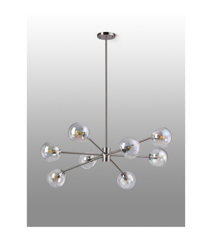Maspeth 100cm Round Fixed Multi Height Pendant/Semi Flush Double Cut Glass 8 x E14 Satin Nickel/Iridescent-8