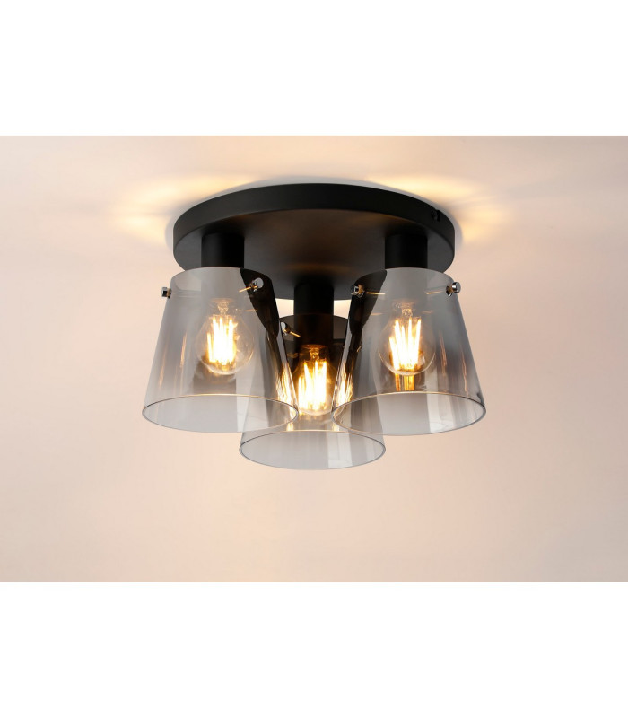 Greenport 38cm Round Ceiling Light 16cm x 14cm Shade 3 Light E27 Sand Black/Smoke Faded Glass Shade-3