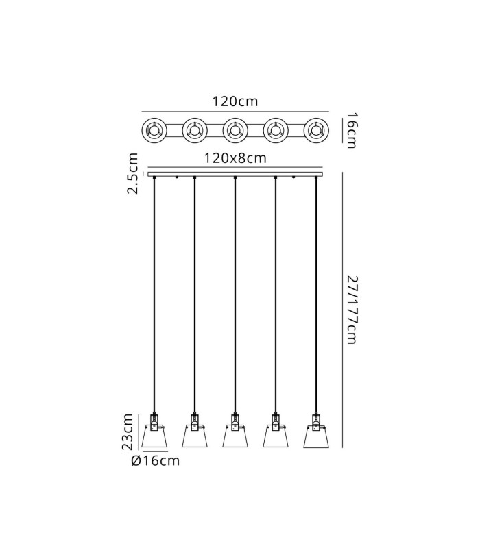 Greenport Linear Pendant 16cm x 14cm Shade 5 Light E27 Sand Black/Brass/Gold Metal Shade-2