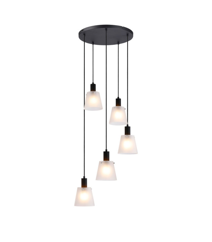 Greenport 53cm Round Pendant 16cm x 14cm Shade 5 Light E27 Sand Black/Frosted White Glass Shade-1