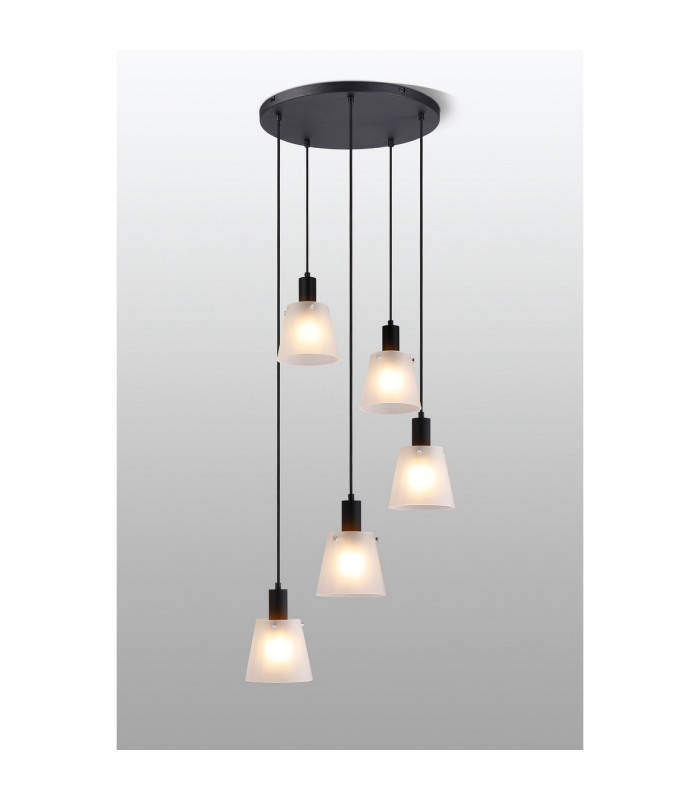 Greenport 53cm Round Pendant 16cm x 14cm Shade 5 Light E27 Sand Black/Frosted White Glass Shade-3