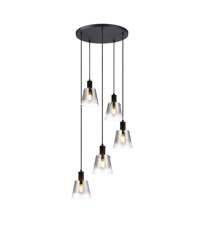 Greenport 53cm Round Pendant 16cm x 14cm Shade 5 Light E27 Sand Black/Smoke Faded Glass Shade-1