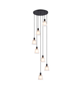 Greenport 58cm Round Pendant 16cm x 14cm Shade 7 Light E27 Sand Black/Frosted White Glass Shade-1