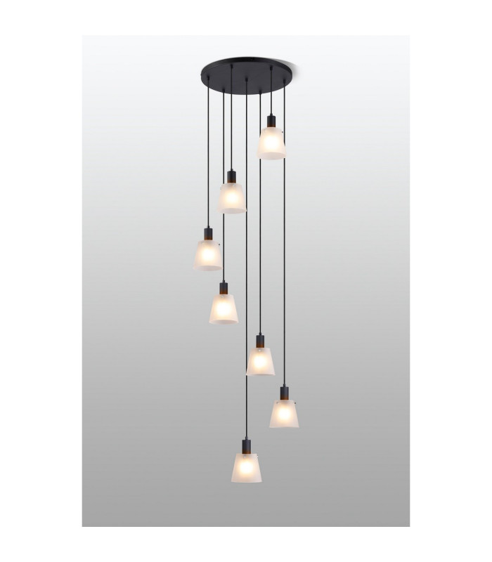 Greenport 58cm Round Pendant 16cm x 14cm Shade 7 Light E27 Sand Black/Frosted White Glass Shade-3