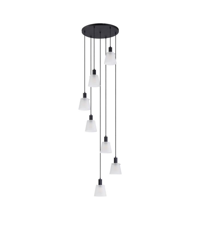 Greenport 58cm Round Pendant 16cm x 14cm Shade 7 Light E27 Sand Black/Frosted White Glass Shade-4