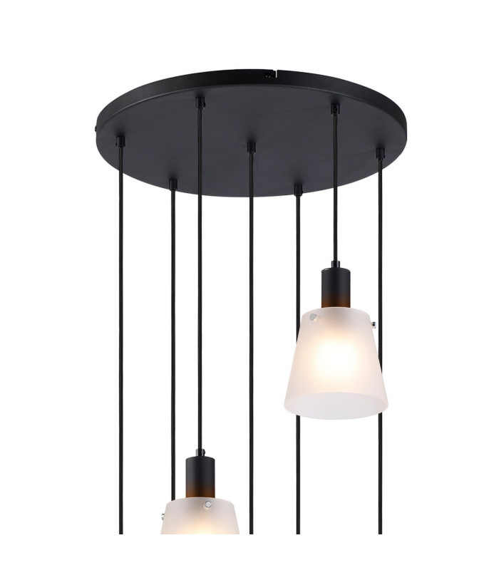 Greenport 58cm Round Pendant 16cm x 14cm Shade 7 Light E27 Sand Black/Frosted White Glass Shade-5