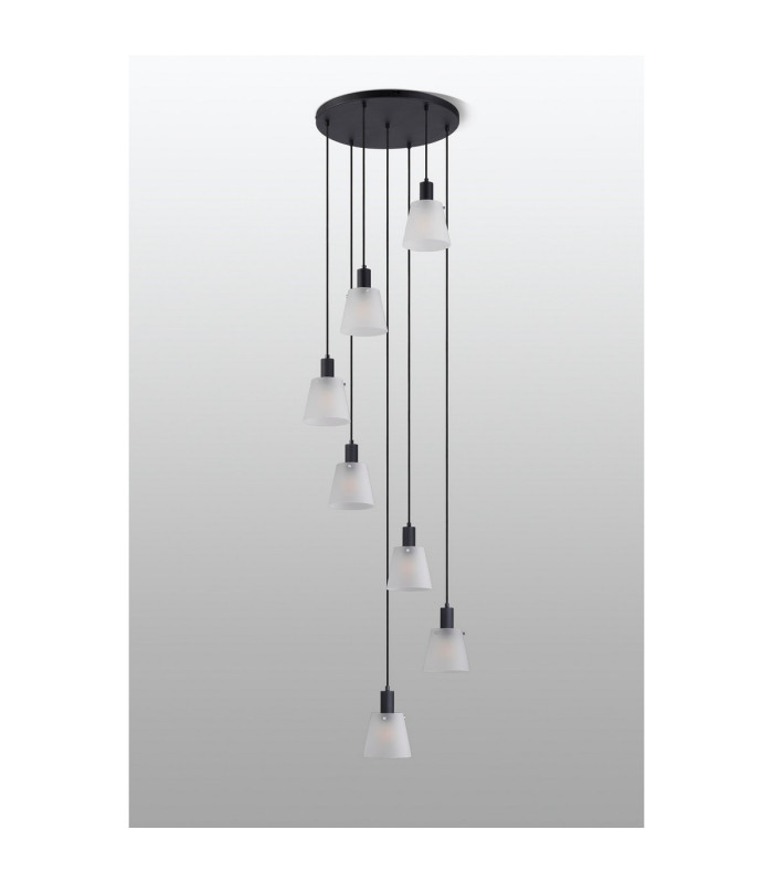 Greenport 58cm Round Pendant 16cm x 14cm Shade 7 Light E27 Sand Black/Frosted White Glass Shade-8