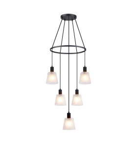 Greenport 61cm Ring Pendant 16cm x 14cm Shade 5 Light E27 Sand Black/Frosted White Glass Shade-1
