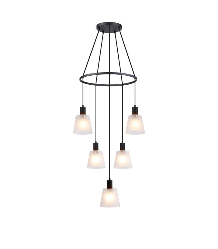 Greenport 61cm Ring Pendant 16cm x 14cm Shade 5 Light E27 Sand Black/Frosted White Glass Shade-1