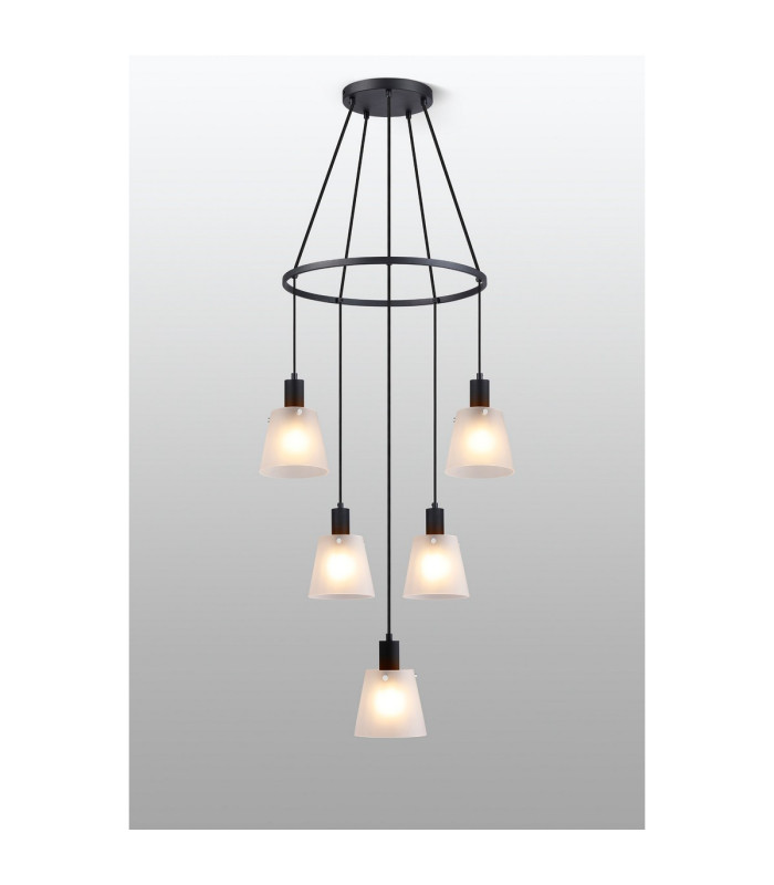 Greenport 61cm Ring Pendant 16cm x 14cm Shade 5 Light E27 Sand Black/Frosted White Glass Shade-3