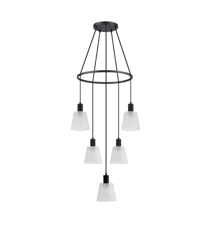 Greenport 61cm Ring Pendant 16cm x 14cm Shade 5 Light E27 Sand Black/Frosted White Glass Shade-4