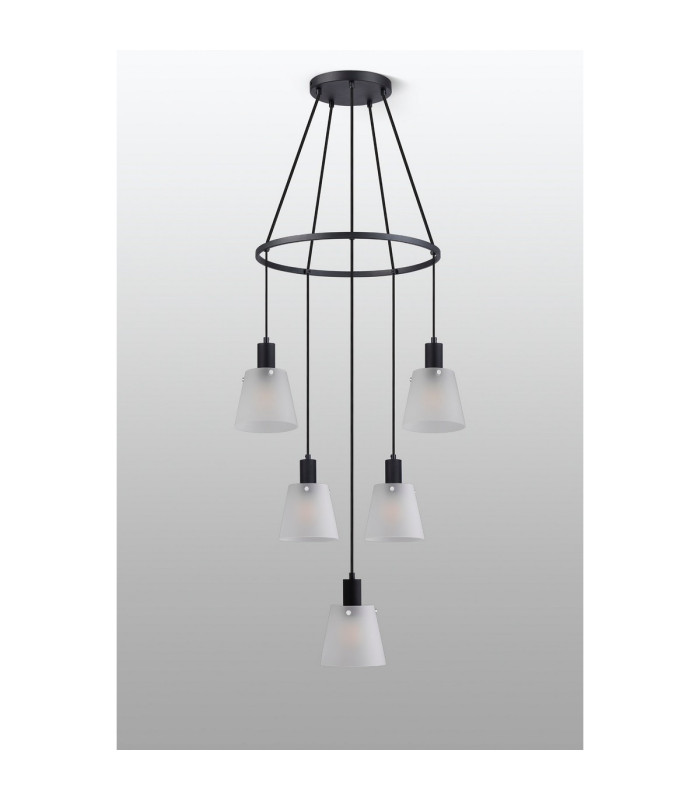 Greenport 61cm Ring Pendant 16cm x 14cm Shade 5 Light E27 Sand Black/Frosted White Glass Shade-9