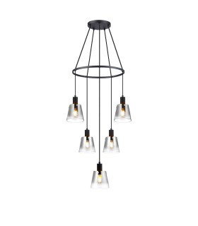 Greenport 61cm Ring Pendant 16cm x 14cm Shade 5 Light E27 Sand Black/Smoke Faded Glass Shade-1