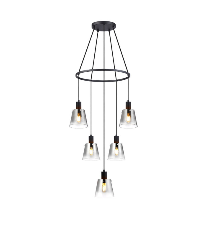 Greenport 61cm Ring Pendant 16cm x 14cm Shade 5 Light E27 Sand Black/Smoke Faded Glass Shade-1