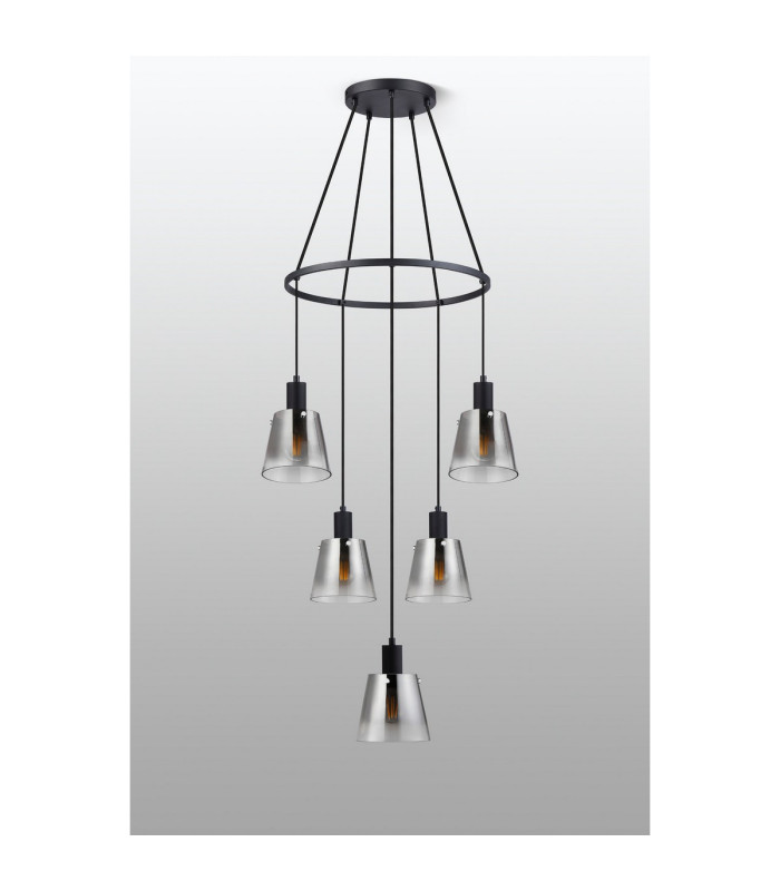 Greenport 61cm Ring Pendant 16cm x 14cm Shade 5 Light E27 Sand Black/Smoke Faded Glass Shade-9