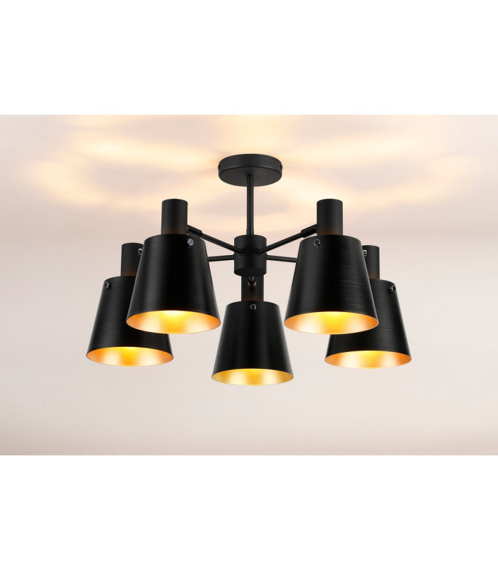 Greenport 75cm Semi Ceiling Light Adjustable Arms 16cm x 14cm Shade 5 Light E27 Sand Black/Black/Gold Metal Shade-3