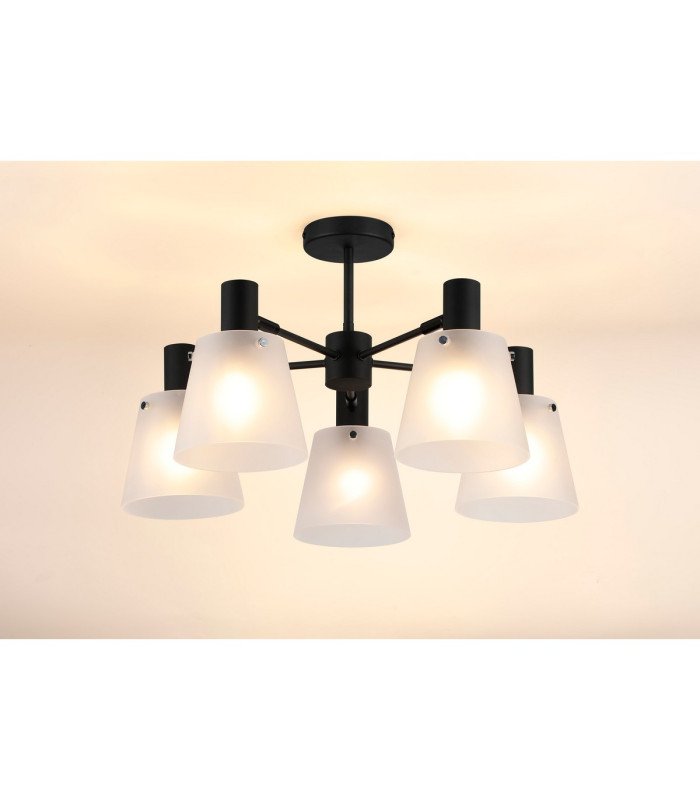 Greenport 75cm Semi Ceiling Light Adjustable Arms 16cm x 14cm Shade 5 Light E27 Sand Black/Frosted White Glass Shade-3