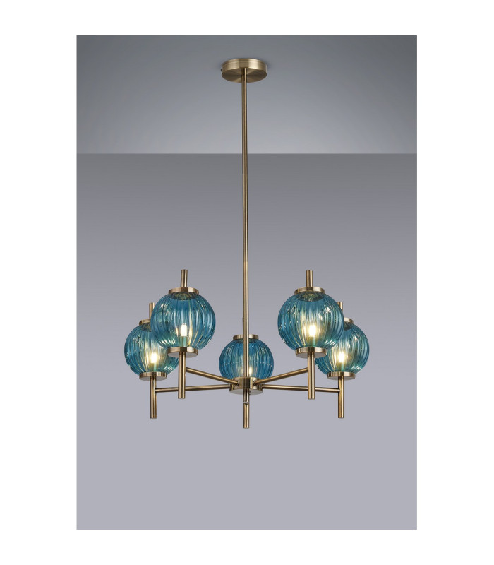 Cincinnatus 65cm Multi Height Pendant 5 x G9 Antique Brass/Blue Glass-3